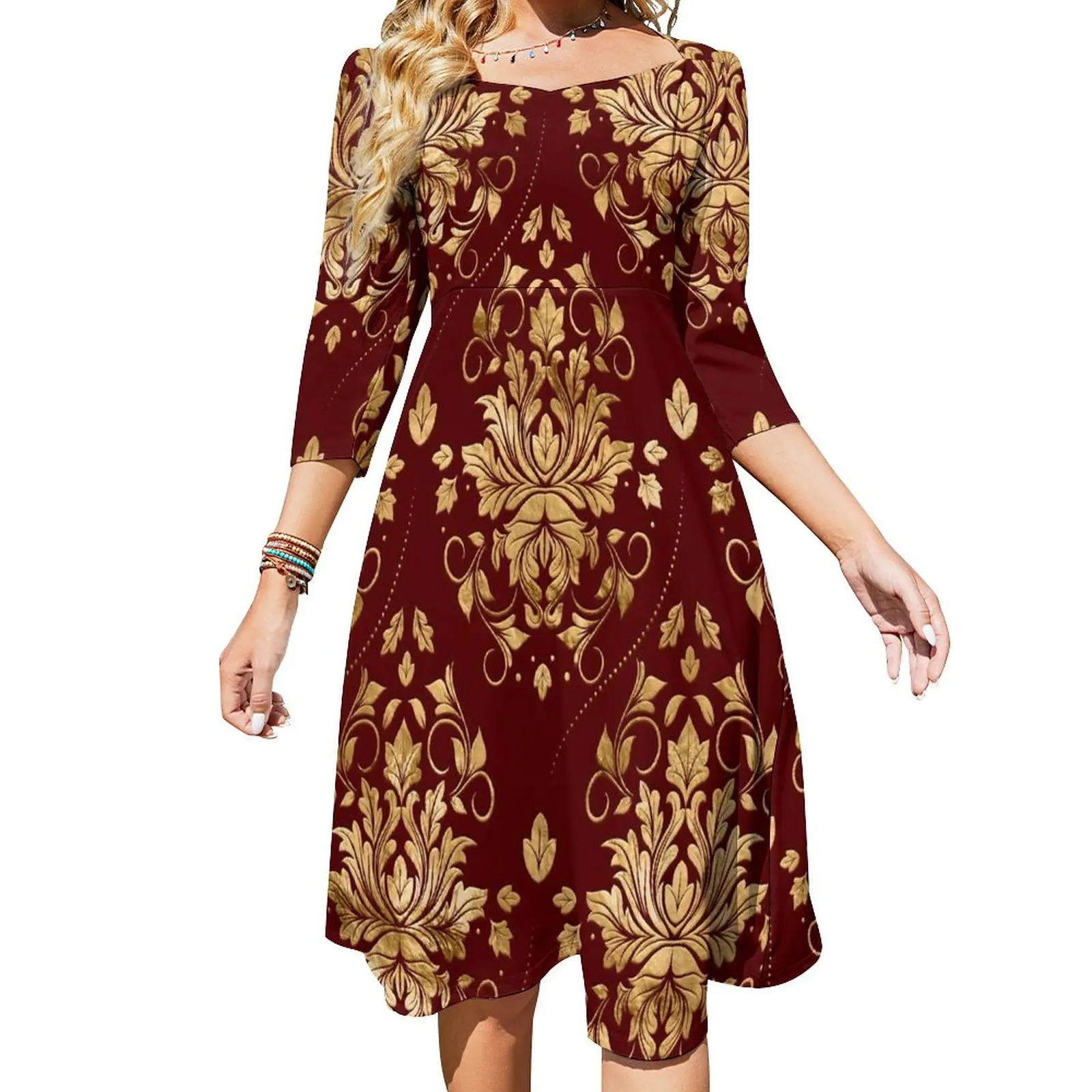 

Gold Baroque Casual Dress Oriental Vintage Damask Beach Dresses Summer Sexy Square Collar Stylish Printed Dress Big Size 5XL 6XL