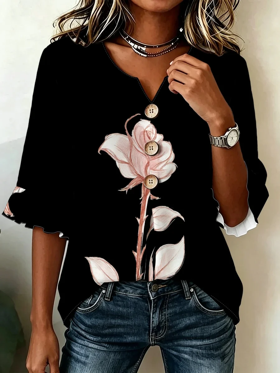 Plus Size Women Blouse Black Rose Floral Print V Neck Decor Buttons 3/4 Flare Sleeve Casual Loose Shirt