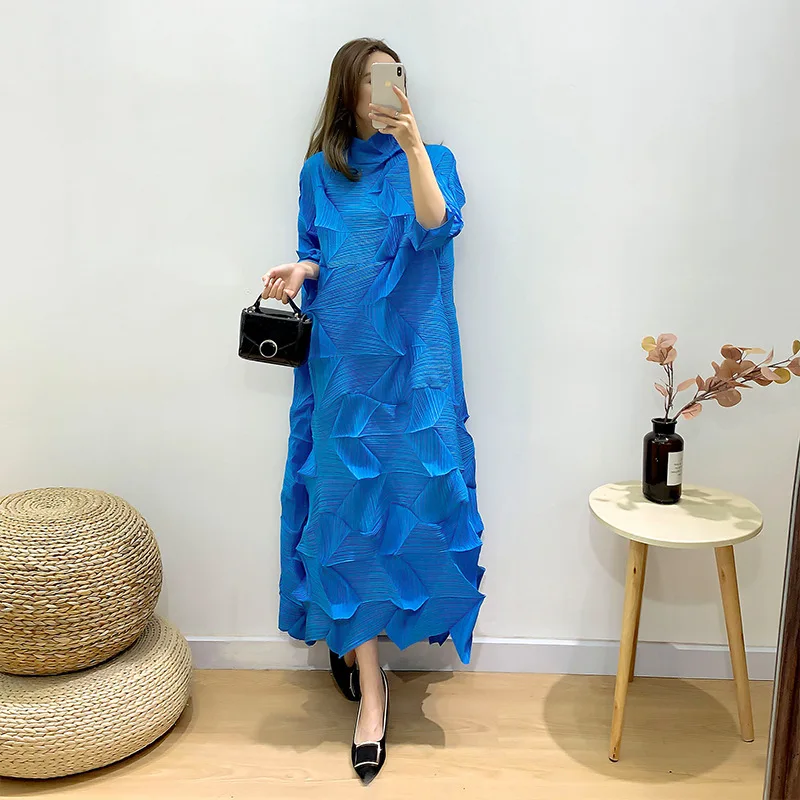 

GGHK Miyake High-quality Messy Pleated Design High Neck A-line Dress Elegant Loose Big Yards Dress New Models