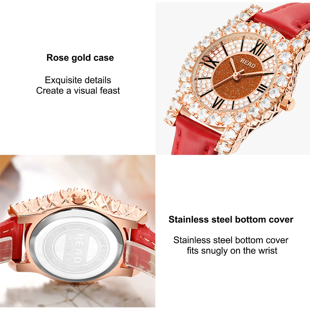 READ Ladies Quartz Watch | Rose Gold‑Tone Case | Red PU Band | Glitter Dial | Decor Bezel | 30M Daily Water Resistant
