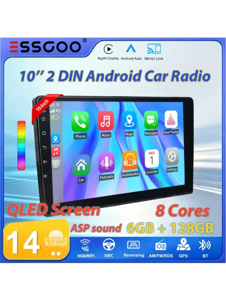 ESSGOO 10" 2 DIN 8-Core 6+128G Android14 Radio samochodowe z bezprzewodowym Carplay i Android Auto, nawigacją GPS, RDS, AM/FM, Wi-Fi, Bluetooth, funkcją Mirror Link, sterowaniem SWC, ekranem — 2