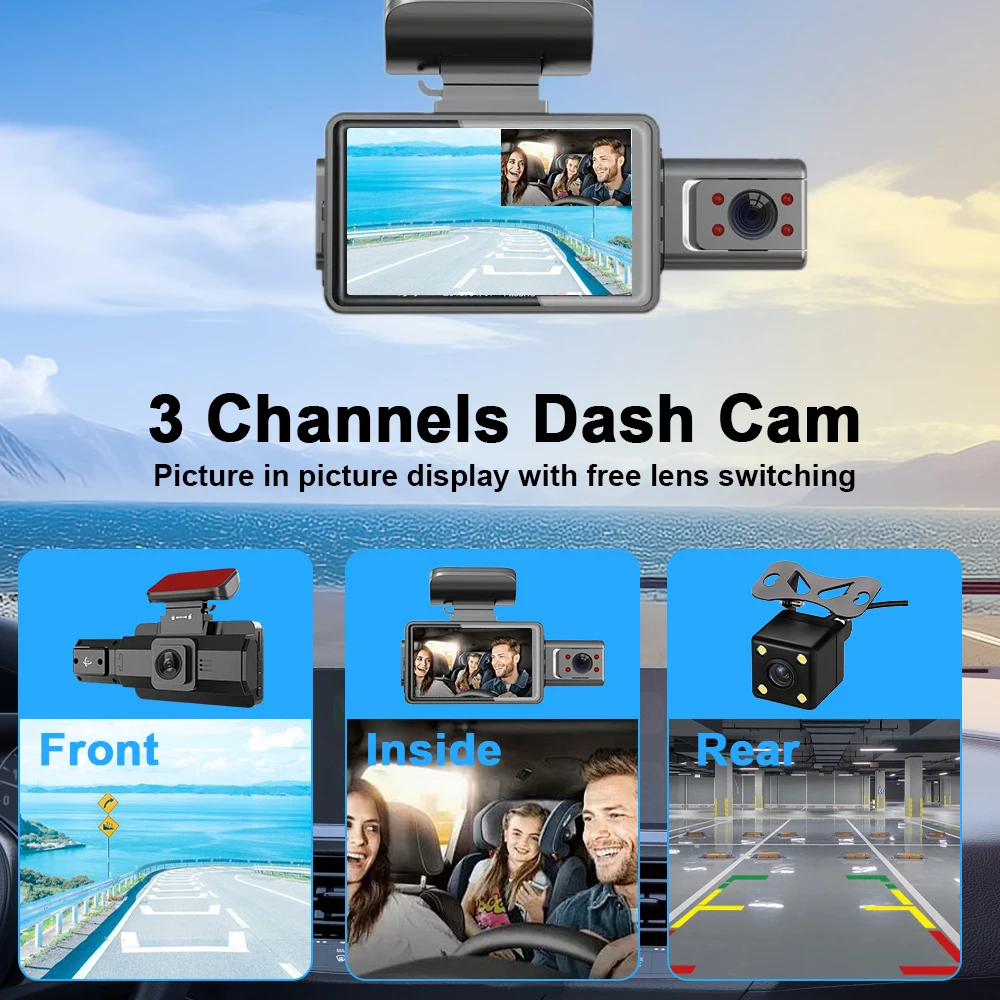 Car Dash Cam 3 Channel Black Box Driving Camera IPS 1080P Front Inside Rear Night Vision Loop Recording Parking Monitor WIFI