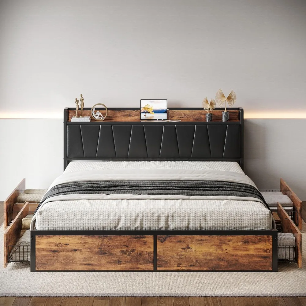 

King Bed Frame with 4 Storage Drawers, Platform Bed with Charged Headboard, Sturdy and Stable