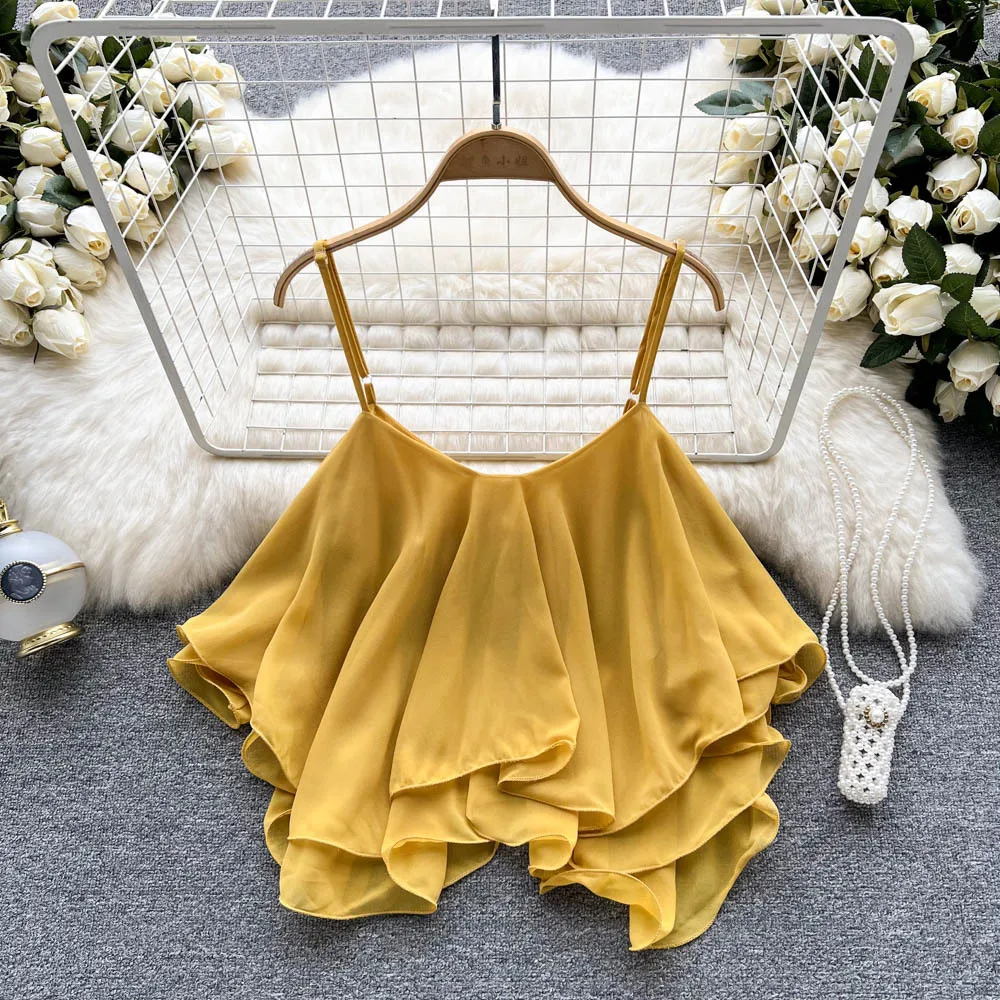 J126 Ropa de gasa de verano camisola chaleco Tops sueltos verde blanco rojo negro blusa borde con volantes ropa sin mangas de doble capa