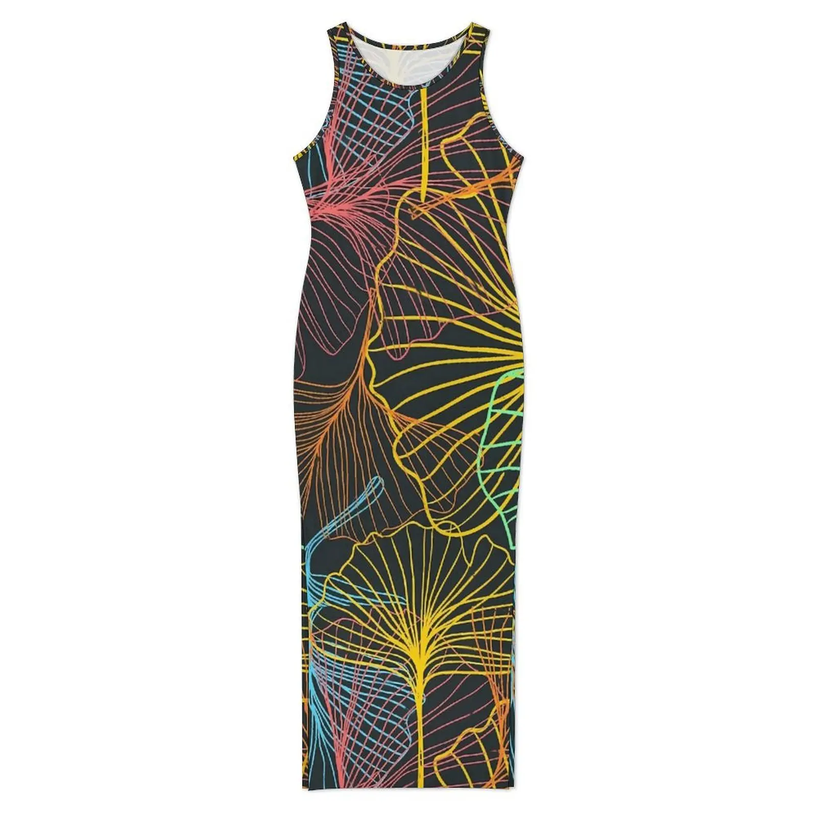 Colorful Ginkgo Biloba Bodycon Dress Spring Super Leaves Print Retro Maxi Dresses Female Sleeveless Custom DIY Y2K Fashion Dress