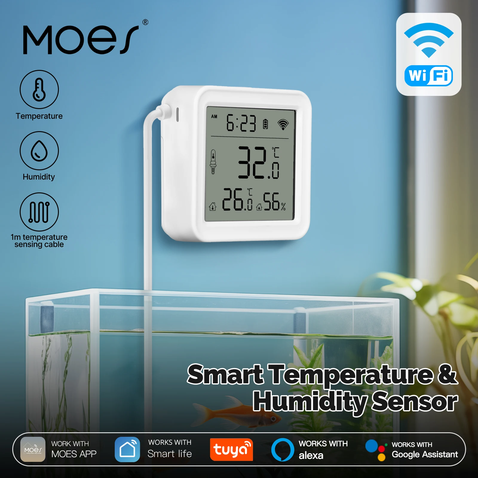 MOES Tuya WiFi Sensor inteligente de temperatura y humedad con sonda de Cable externo de 1M, aplicación remota Monitor Compatible con Alexa/Google Home