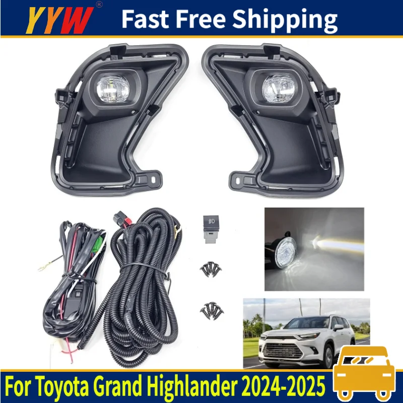 

For Toyota Grand Highlander 2024 2025 LED Fog Lamp Headlight Kit Switch Bezel Wire Light White Bezel With Wiring Harness Power