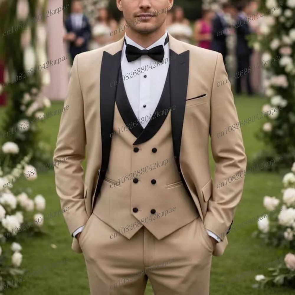 

Бежевый и черный деловой мужской костюм для жениха, жениха, свадебной вечеринки, выпускного вечера, деловые мужские смокинги, комплект из трех предметов, пиджак, жилет, брюки