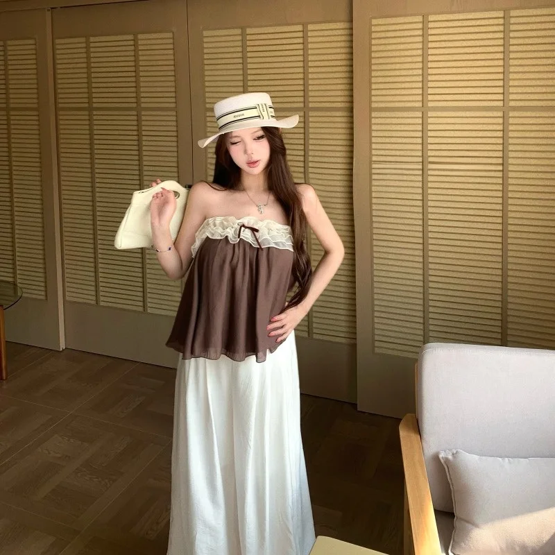 

Casual Wide Leg Pants Women's Set with Ruffle Trim Fashionable Tube Top Summer Outfit Two Piece Ensemble Commute Style