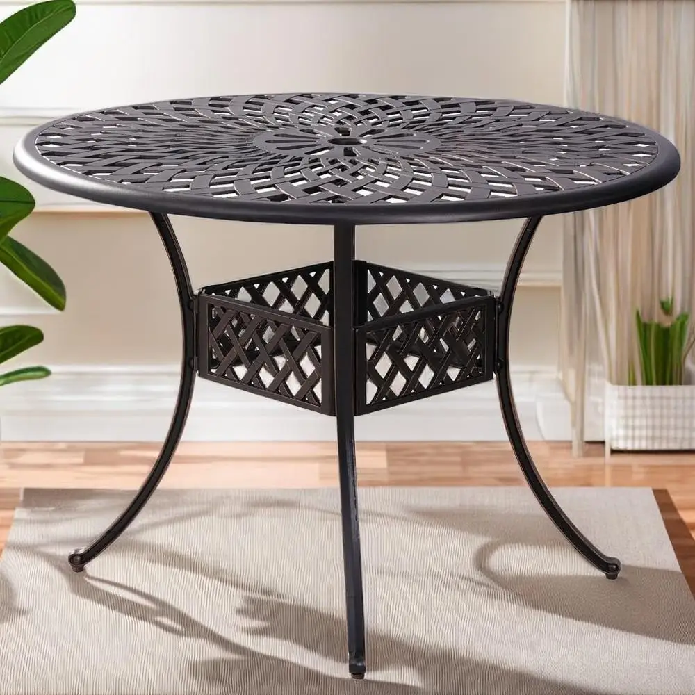 Outdoor Round Cast Aluminum Patio Dining Table with Umbrella Hole Sturdy Anti Rust Backyard Garden Deck Poolside Gathering