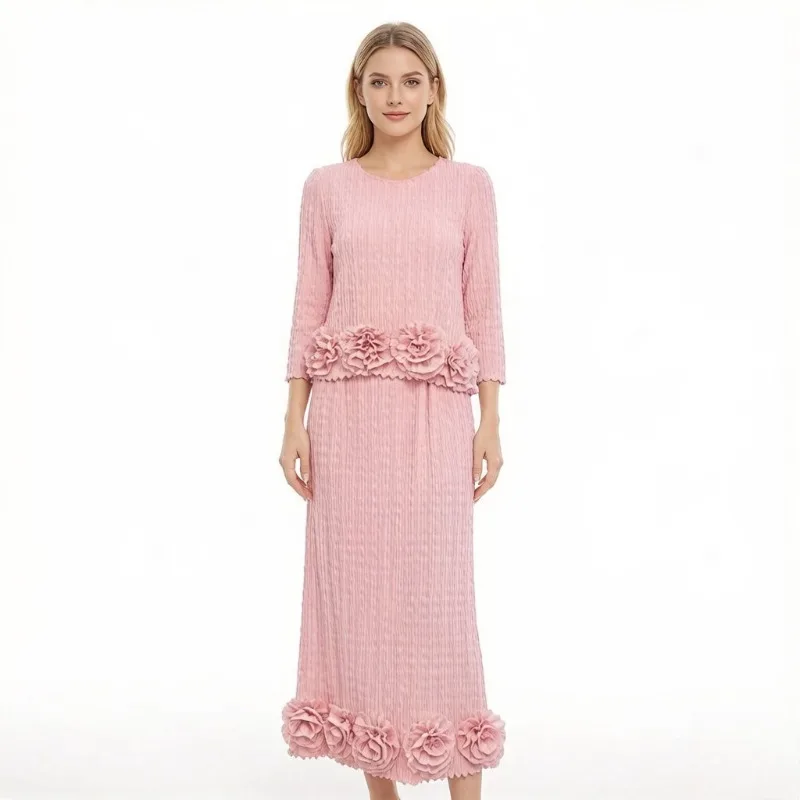 

Miyake Pleated Skirt Two-Piece Set with 3D Floral Design, Elegant and Comfortable Pleated High-Elasticity Set for Women Pleat