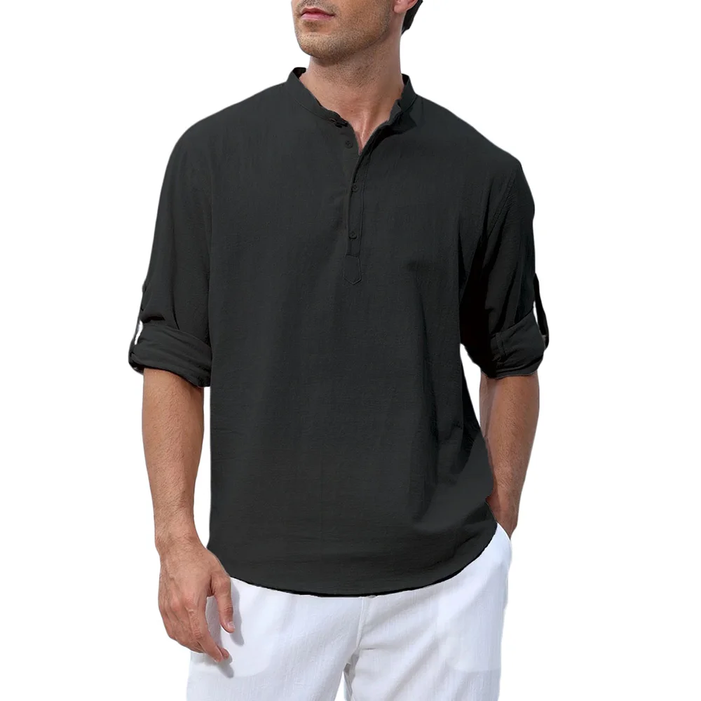 Herren-Langarm-T-Shirt aus Baumwolle und Leinen, lässig, lockere Passform, Urlaubsstil, Henley-Ausschnitt, leicht, atmungsaktiv, einfarbig, männliche T-Shirts
