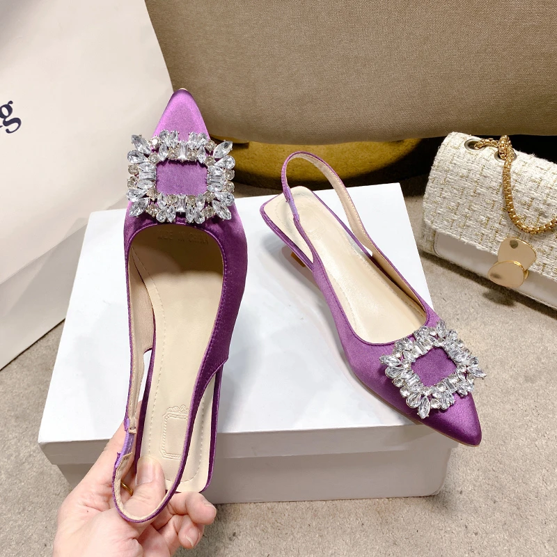 Summer Women Sandals Women's Slingback Pointed Toe Shallow Nude Pink Diamond Shoe Low Heel Back Strappy Shoes Women Dress Shoes