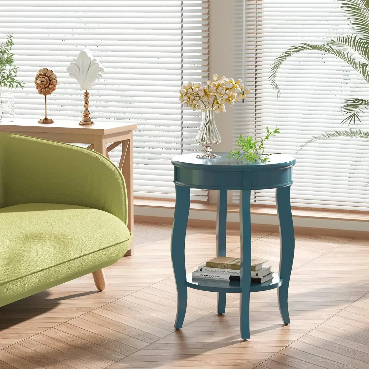 Wooden Round End Table with Bottom Shelf in Teal