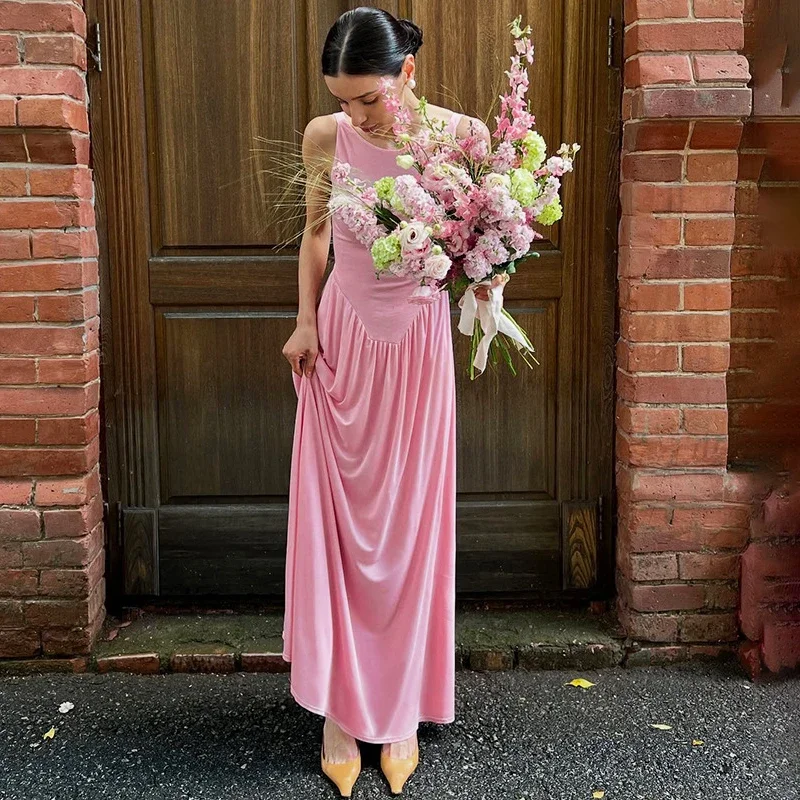 

Big Backless Sexy Maxi Dress For Women A-line Hem Pleated Sleeveless Dress High Waist Bodycon Splice Female Dress Solid