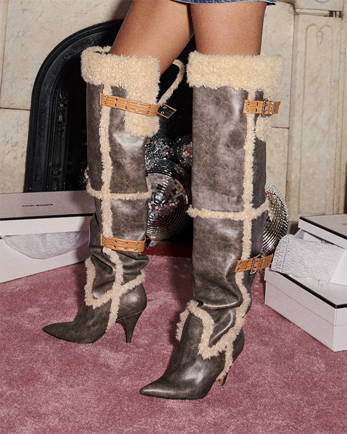 

New Women's Brown Faux Fur Trim Over The Knee Boots Pointed Toe Stiletto Heel Buckle Strap Design Warm Style Fashion Winter