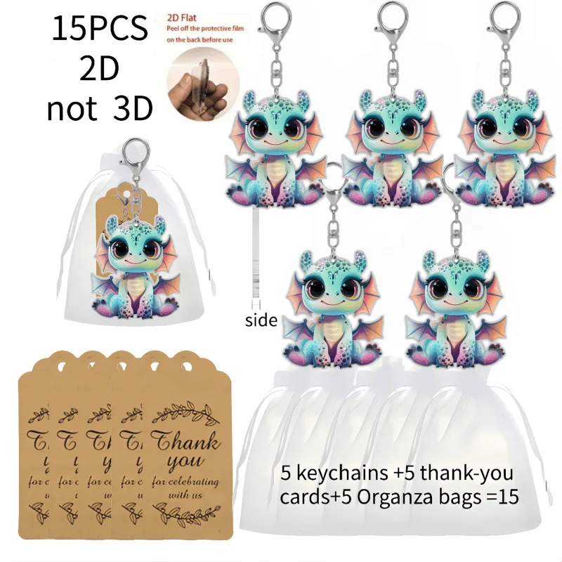 5sets Cute Dragon Keychain Includes Acrylic Pendant & Thank You Cards & Organza Bags Ideal Party Favor for Friends Birthday Gift
