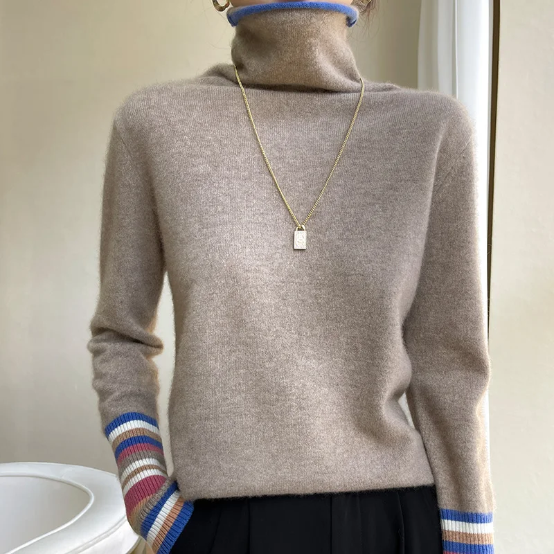 100% Merino Cashmere Sweater Women\'s Collar Pullover 22Autumn and Winter New Knitted Bottoming Shirt Fashion Color-blocking Tops