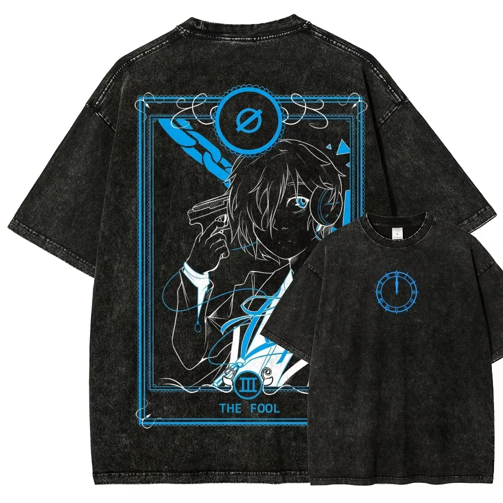 Persona 3 Blue Clock Anime Character Graphic Print T‑shirt Black Washed Oversized Cotton Casual Streetwear Tops