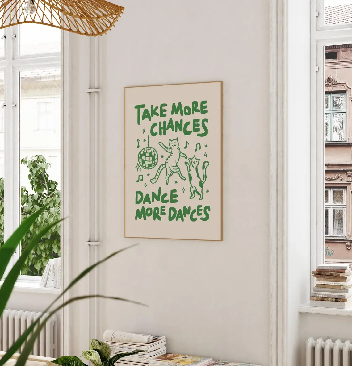 Playful ‘Take More Chances Dance More Dances’ Cat Disco Wall Art – Whimsical Green Print with Dancing Felines & Disco Ball, Perf view 3