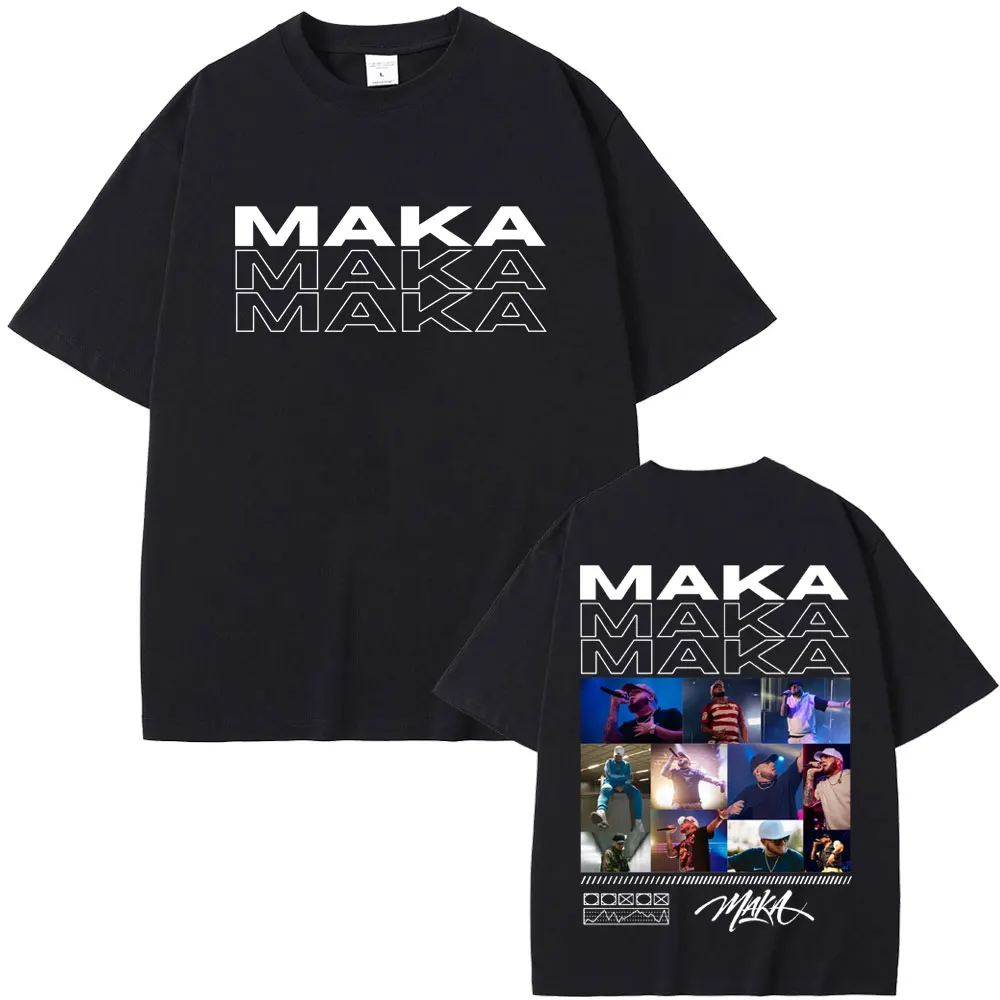 Camiseta con estampado de doble cara del rapero Maka Aura Tour hombres mujeres Hip Hop moda Pop música camisetas hombre Casual negro Vintage camiseta
