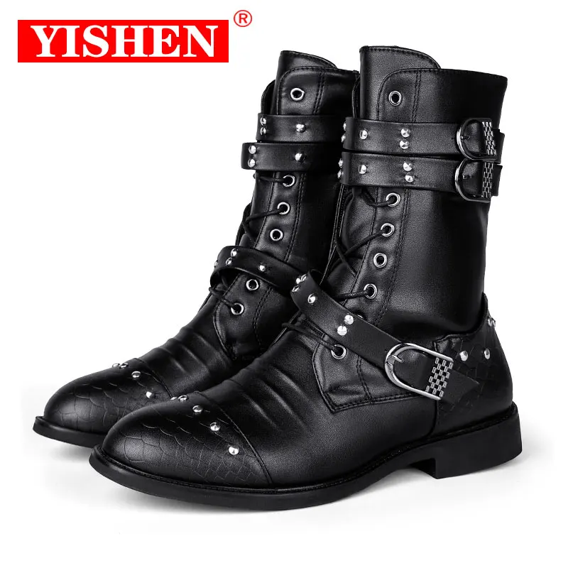 

YISHEN Men's Boots Rivet Buckle Decoration Mid Calf Boat Zip Punk Rock Boots Abrasion Resistant Work Shoes Botas Hombre