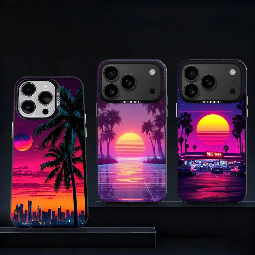 

80S Vaporwave Retro Synthwave Phone Case For iPhone 17,16,15,14,13,12,11,Pro,XS,Max,Plus,Mini,SE4,E Black Matte Shockproof Cover