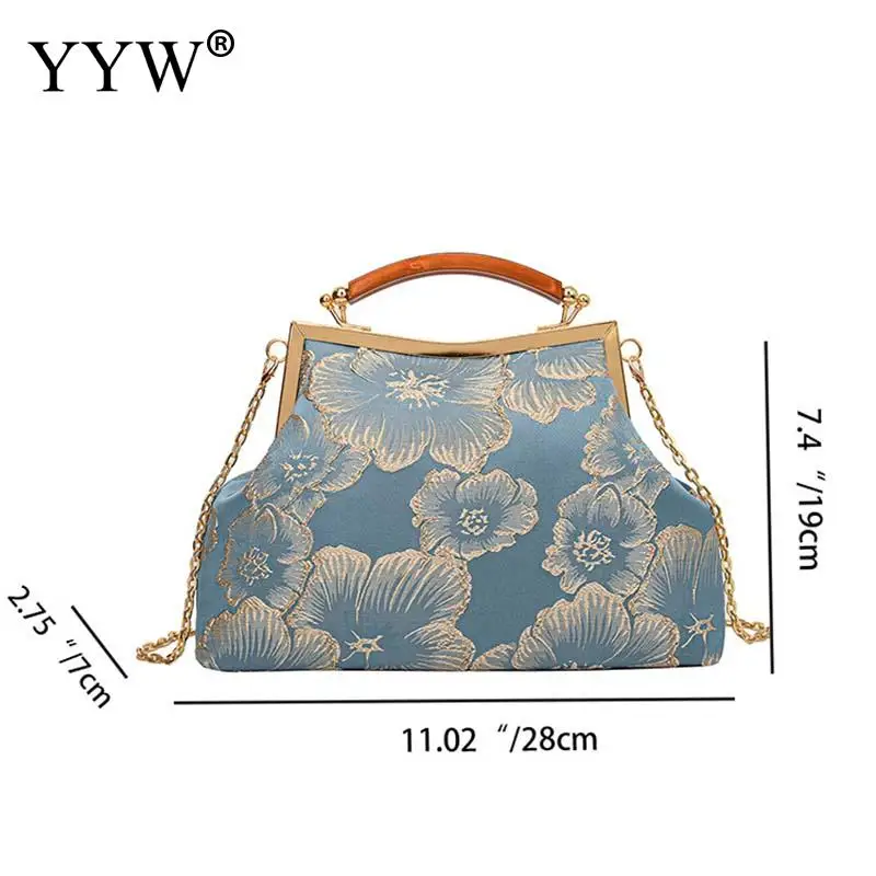 Vintage Embroidered Floral Clutch Handbag for Women Wooden Top Handle Wedding Party Daily Purse Chain Shoulder Crossbody Bags