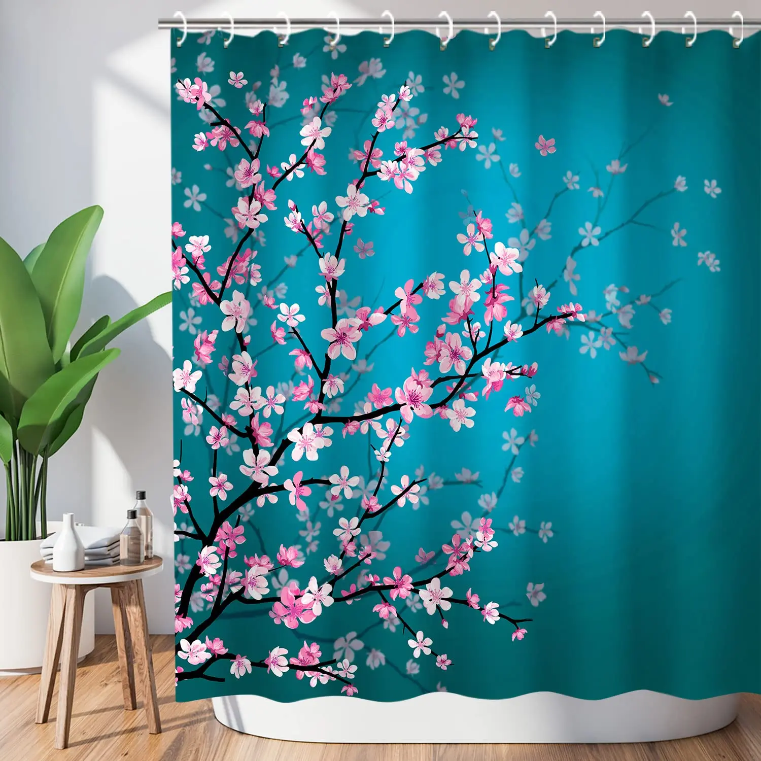 Cherry Blossom Shower Curtain Japanese Shower Curtain Floral Sakura Plum Blossom Flower Shower Curtains Teal Blue and Pink Decor