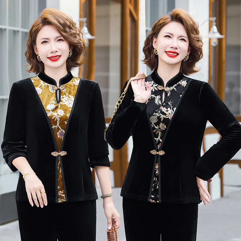 Vintage fake two-piece cheongsam collar Long Sleeve Women's T-shirt Loose Spring Autumn Plus Size Tops New Gold Velvet Shirt