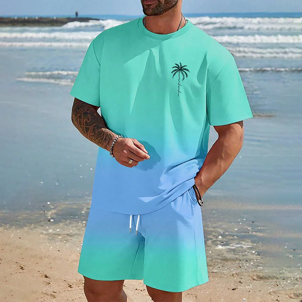 Hawaii 3D Printing Set,European American Beach Short Sleeved Shirt,Men\'s Dopamine Beach Casual Shorts Set,Soft Comfortable