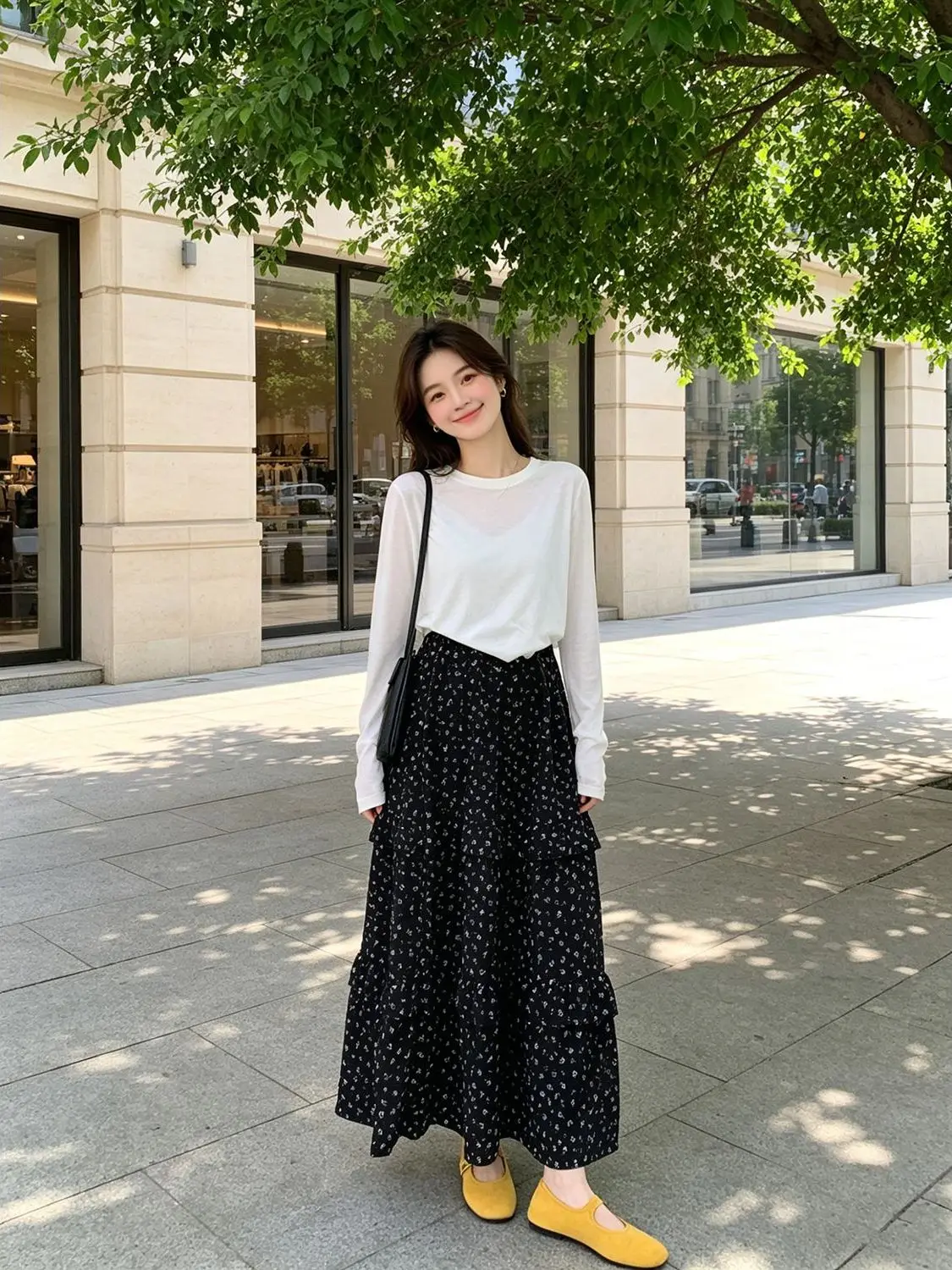 

Black Floral Print High Waist A-Line Umbrella Skirt Women's New Autumn Style Pear Shaped Body Hip Covering Cake Long Skirt