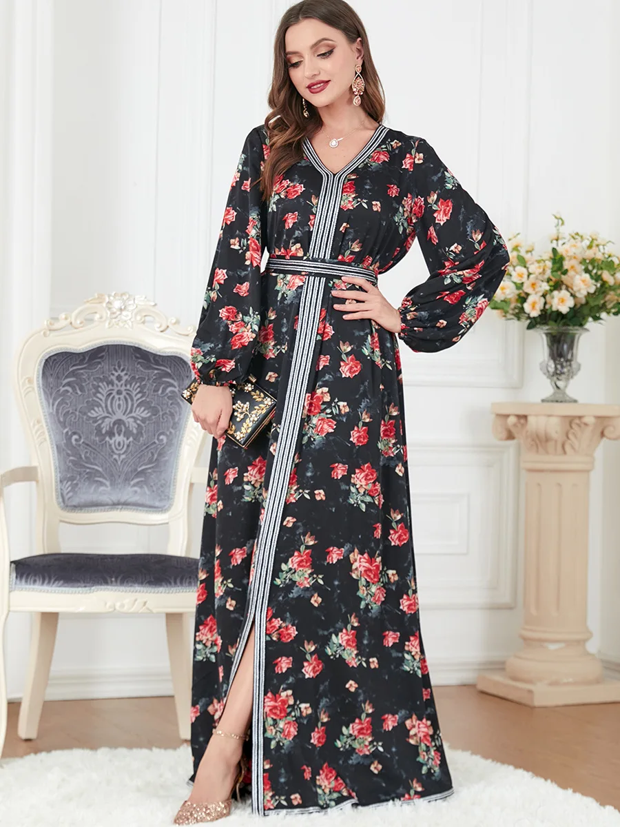 Imagem -03 - Vestido Muçulmano Elegante para Mulheres Estampa Abaya Floral Split Marrocos Party Kaftan Turquia Árabe Manto Longo Vestidos Maxi Dubai