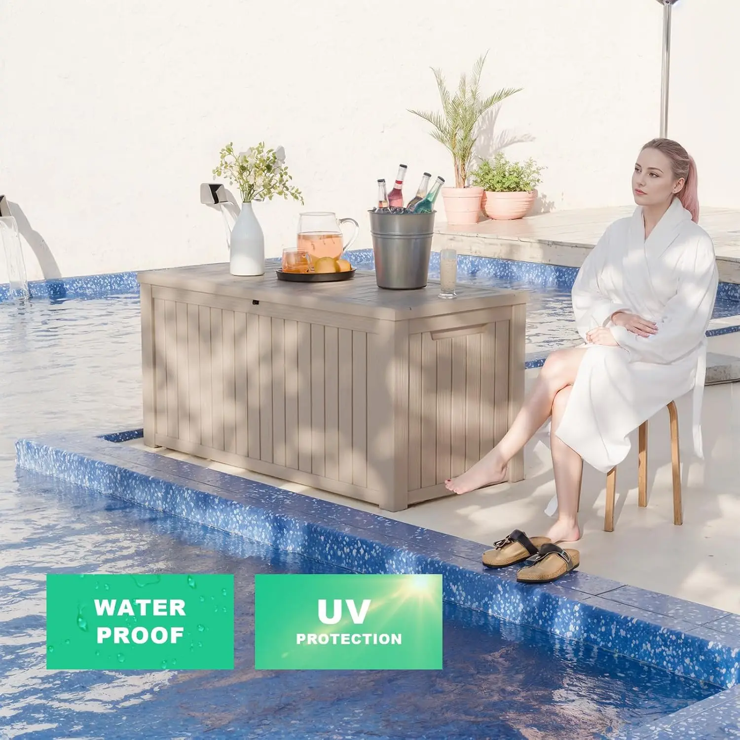 200갤런 대형 데크 박스, 잠금 가능한 레진 야외 보관함, 파티오 가구 및 정원 도구용 방수 야외 보관함