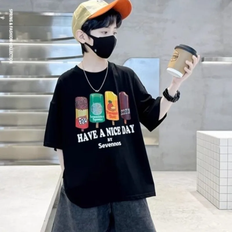 

Black Short Sleeve T-Shirt for Kids Loose Lightweight Ice Cream Print Top for Tween Boys Girls Stylish Breathable Casual Wear