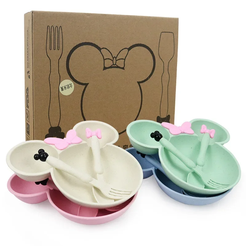3Pcs/set Cartoon Baby Bowl Tableware Set Wheat Straw Children's Dishes Kids Dinner Feeding Plate Bowknot Food Plate Spoon Fork image 4