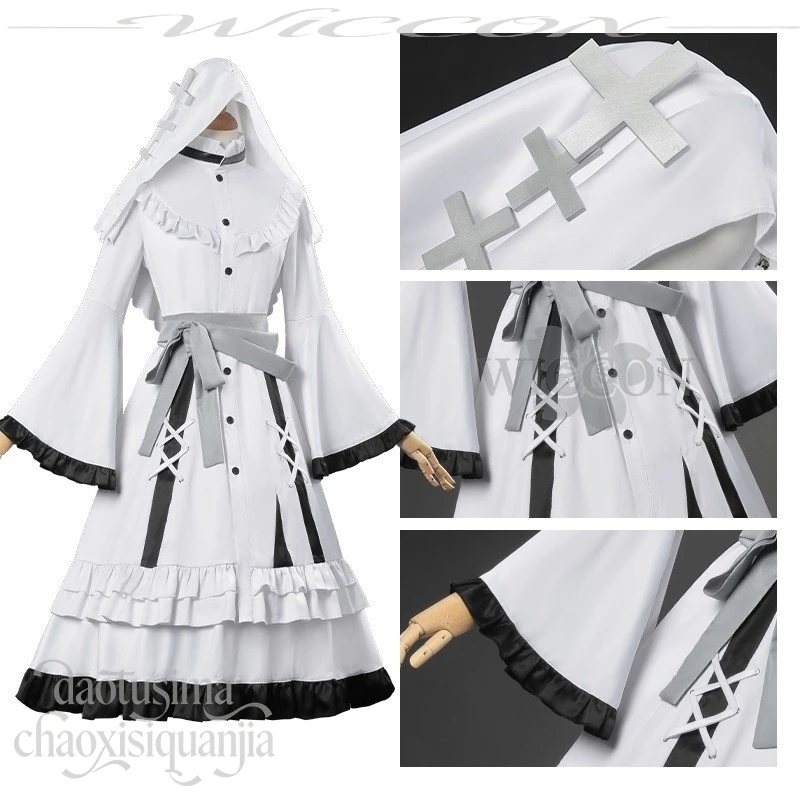 Hikami Meruru Cosplay Anime  Game Mahou Shoujo No Majo Saiban Costume White Nun Sweet Lolita Lace Dress Wigs Hat Halloween Cos