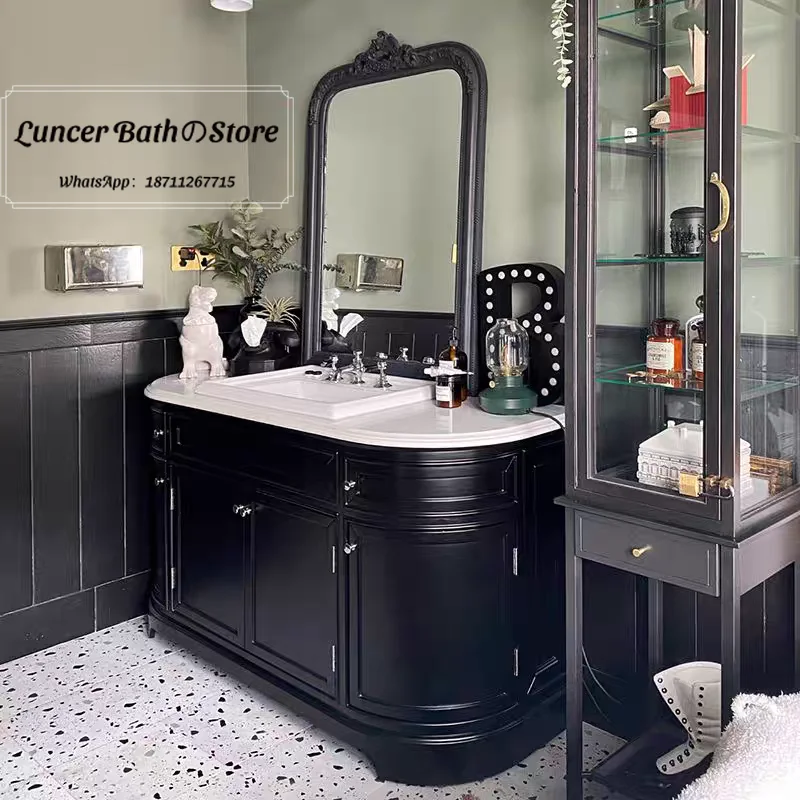 New French Retro Freestanding Vanity, Sintered Stone Seamless Integrated Basin, Bathroom Washbasin Sink Cabinet Set