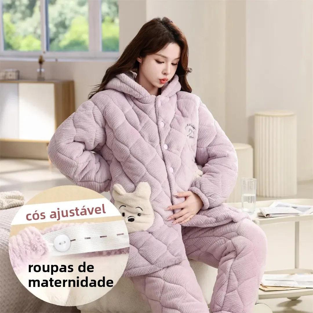 thickened-three-layer-winter-pajamas-women's-plush-sleepwear-home-clothes-set-with-hat-soft-flannel-maternity-outerwear