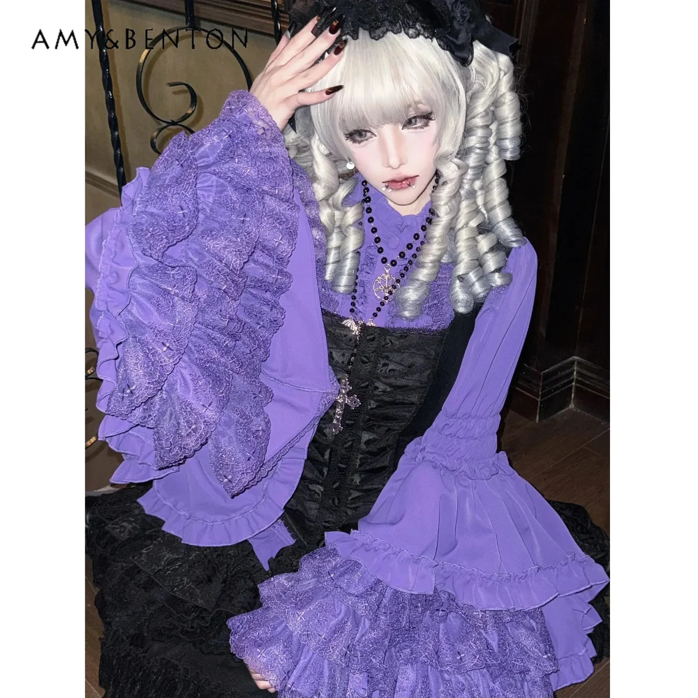 Original Lolita Chiffon Shirt Lace Splicing Flared Sleeve Gothic Blouse Gorgeous Heavy Industry Long Sleeve Shirts Versatile