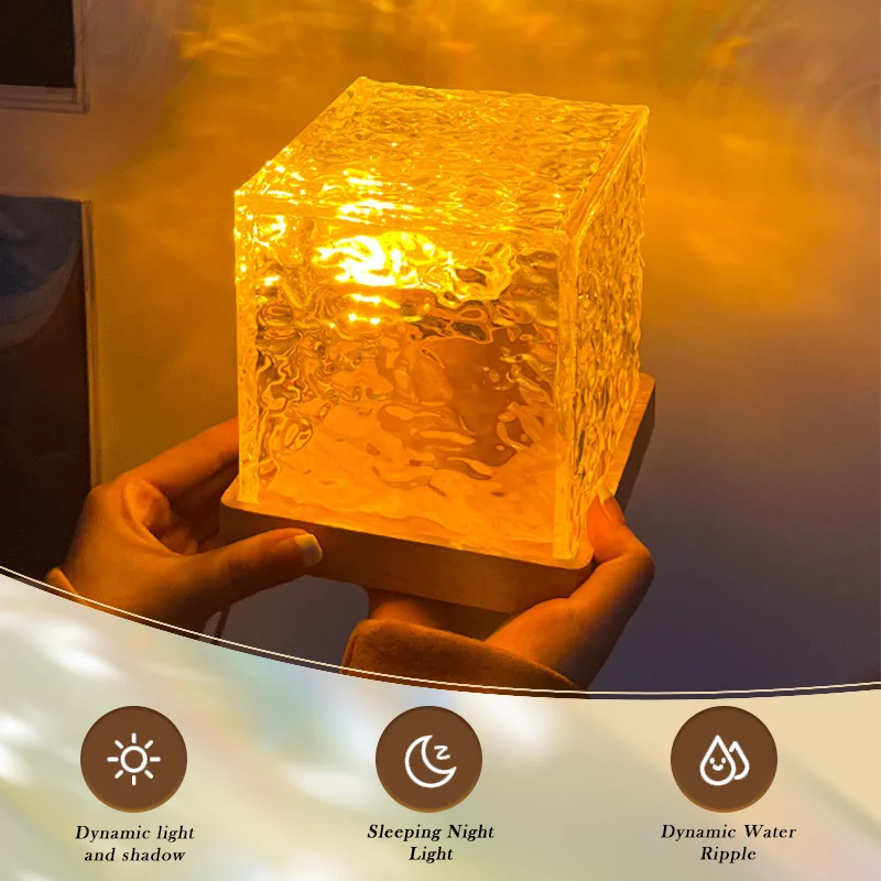 Dinâmico Rotating Water Ripple Night Light, Square Starry Sky Projection Light, Flame Atmosphere Light para sala de estar e quarto