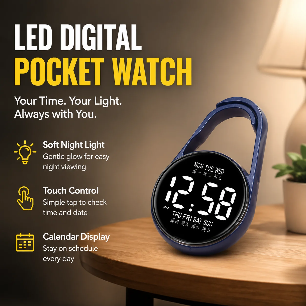 LED Electronic Hanging Watch Night Light Digital Clock Touch Control Calendar Display Pocket Watch