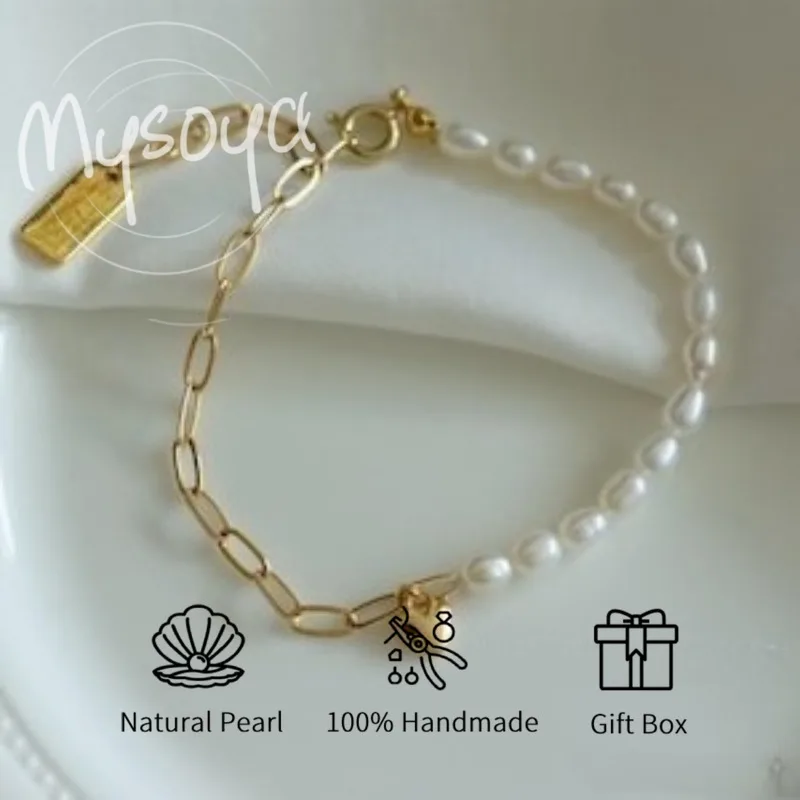 

MYSOYA браслет-подвеска в форме белого риса с пресноводным жемчугом «Любовь» 5-6 мм с подарочной коробкой для него/ей день рождения/свадьба/Рождественский подарок