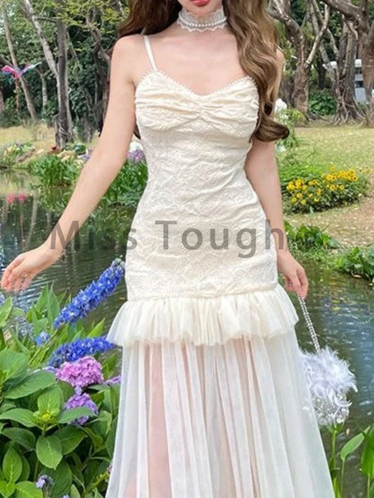 Summer France Elegant Chiffon Dress Women Designer Slim Off Shoulder Strap Midi Dress Female Korean Fashion Lace Fairy Dress New