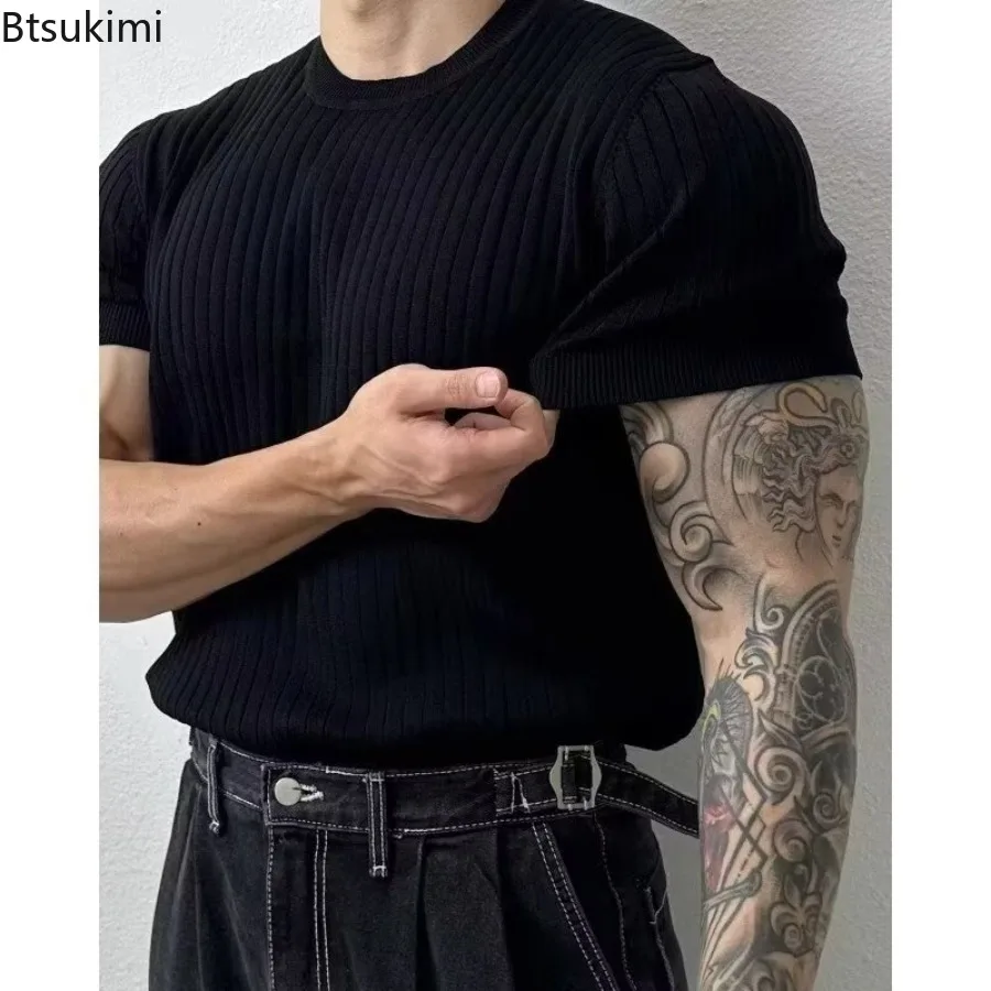 

2025 Summer Men's Ice Silk Lapel Polo Fashionable V-neck Short Sleeve Striped Knitted Tops High-end Business Casual Men's Shirts