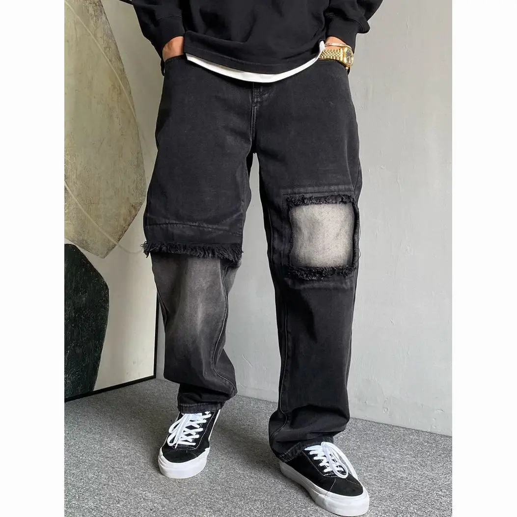 Men's Block Patch Edge Stitching Vintage Pants Streetwear Young Boy Bottoms New Trendy Male Retro Wide Leg Jeans Loose Jeans