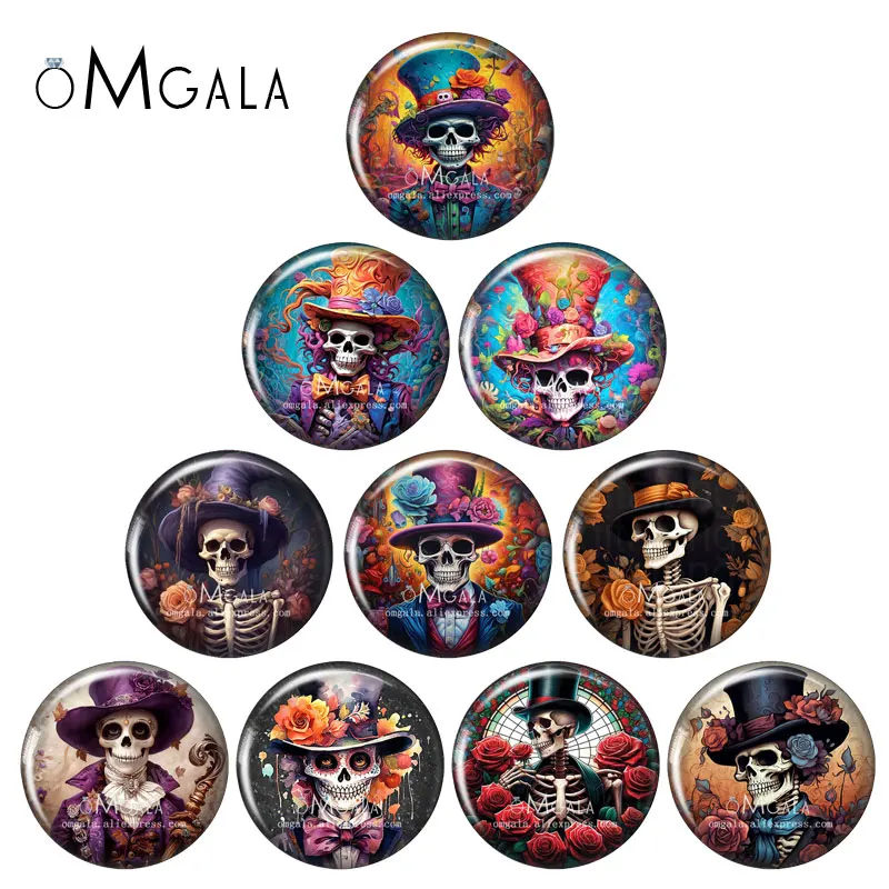Colorful Candy Skull Art Paintings 12mm/18mm/20mm/25mm Round photo glass cabochon demo flat back Making findings