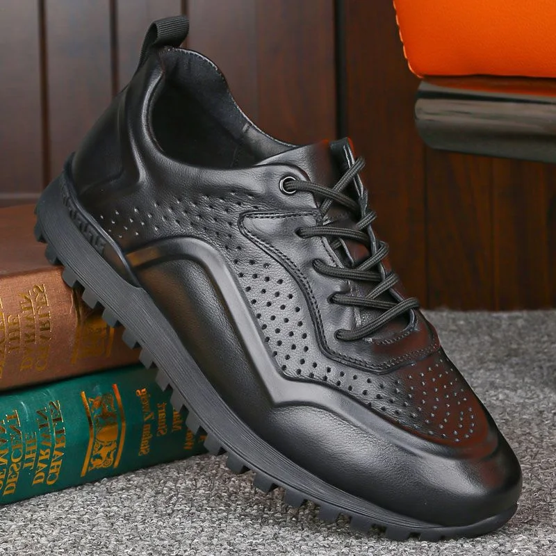 Sapatos de couro genuíno para homens, tênis atlético de couro, respirável, buraco oco, ao ar livre, caminhada, viagem, esportes, caminhar, verão, 2024