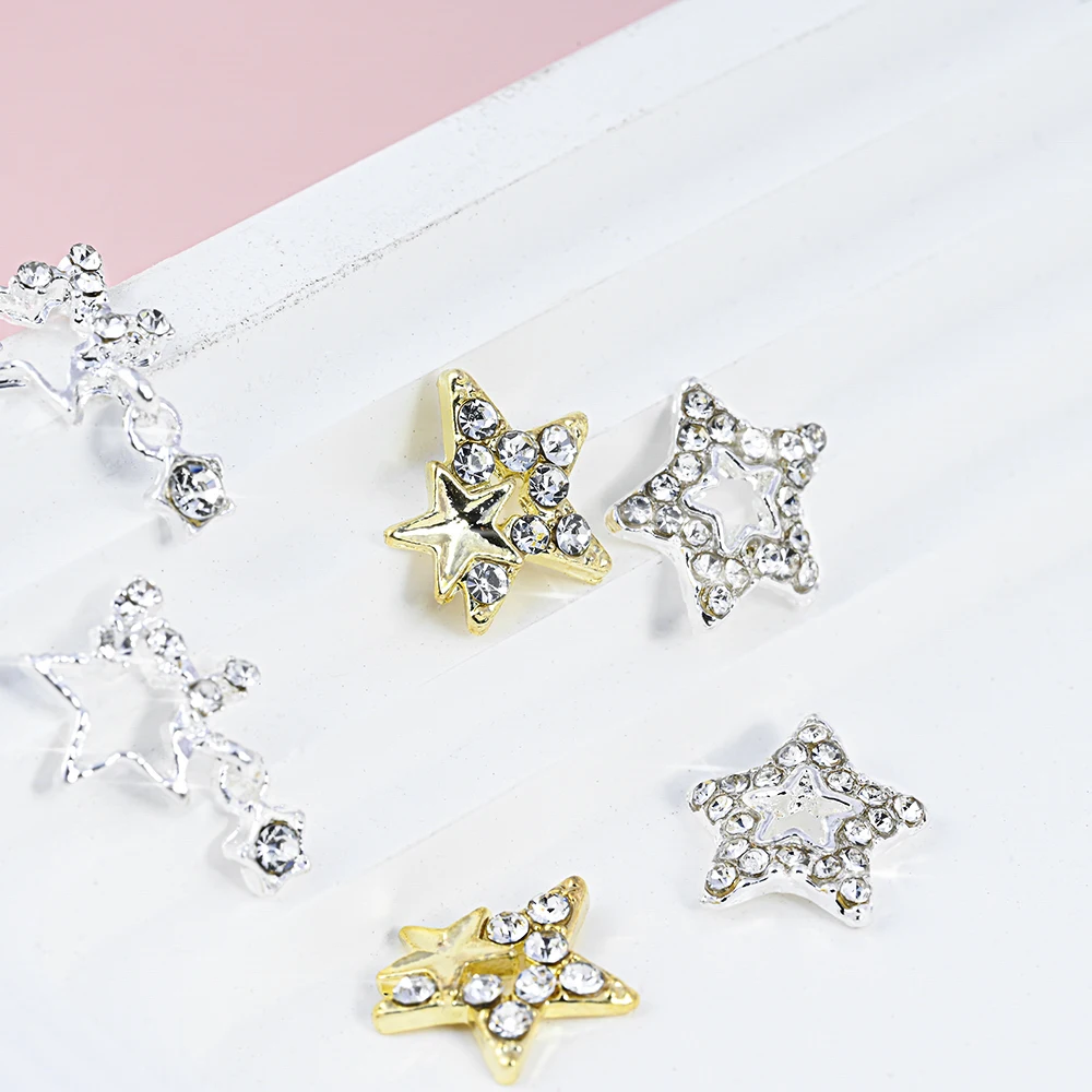 10Pcs  Five-Pointed-Star Alloy Nail Art Jewelry Star Charm 3D Silver Crystal Diamond DIY Nail Art Trinkets Manicure Decor#JE1222