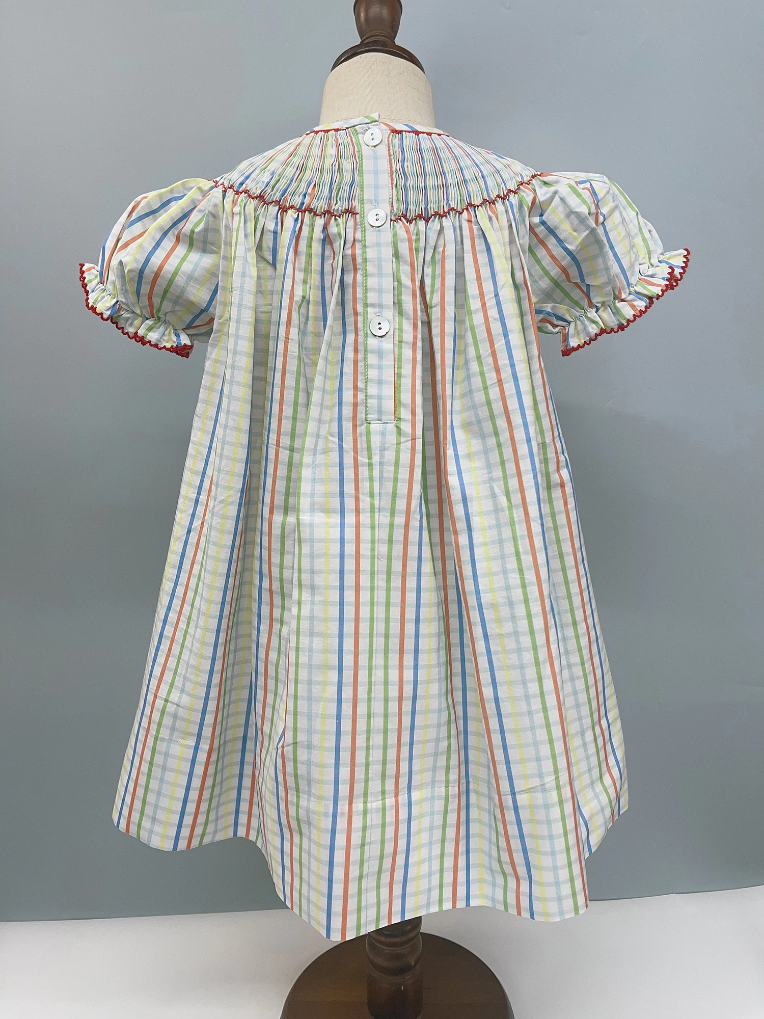 Summer Girls Handmade Smocking Skipping Girls Cotton Color Striped Dress Super Cute Plaid Casual Puff Sleeve Skirt